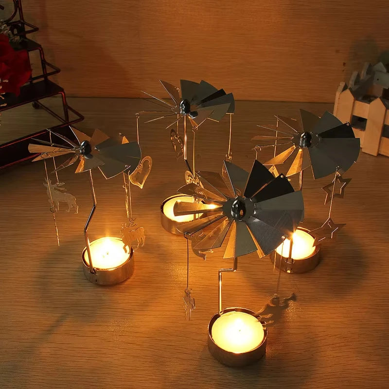 Silver Christmas Rotating Tea Light Candle Holder Carousel – Spinning Holiday Centerpiece Decor