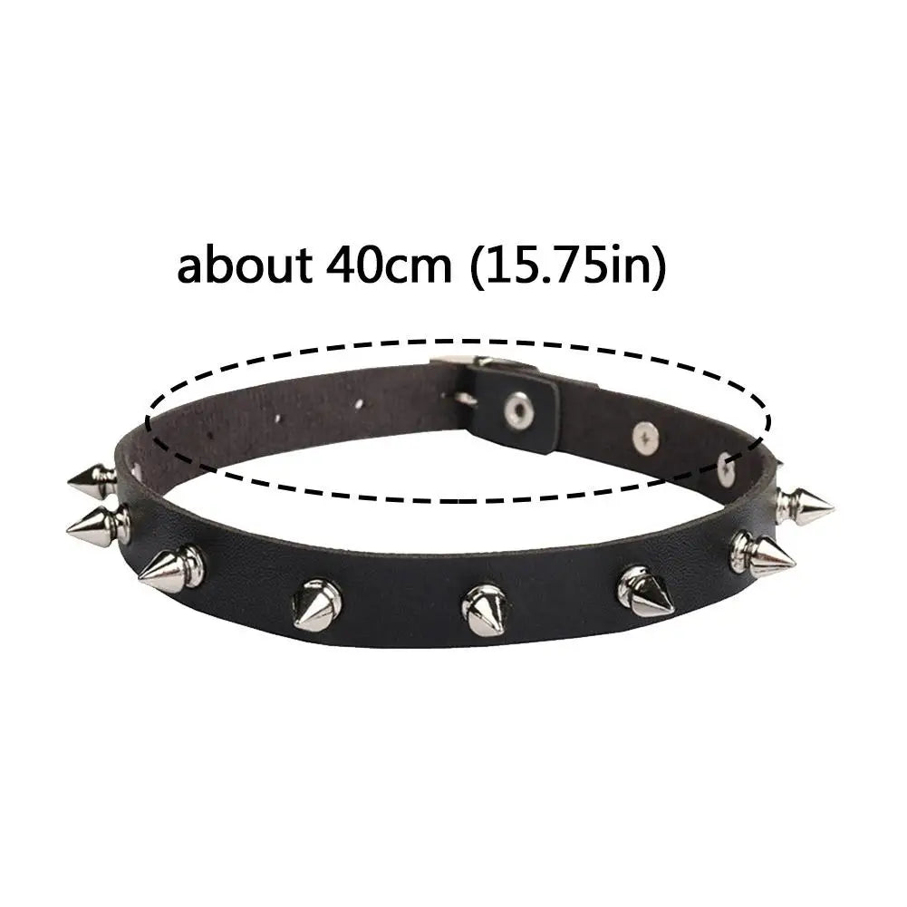 Black PU Leather Spike Choker Necklace – Studded Punk Gothic Biker Collar for Women & Men