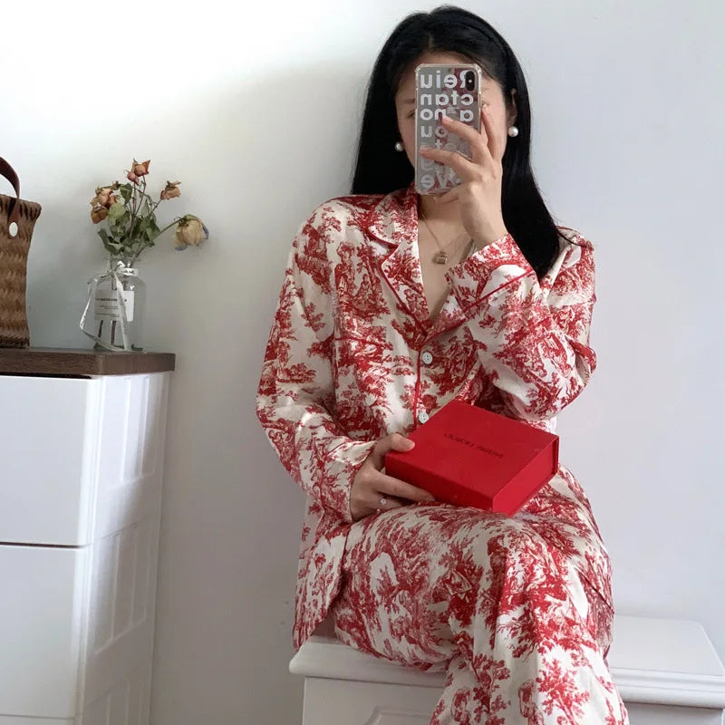 Fashion Floral Print Satin Pajamas Set for Women – Spring Summer Loose Sleepwear Loungewear Homewear Suit