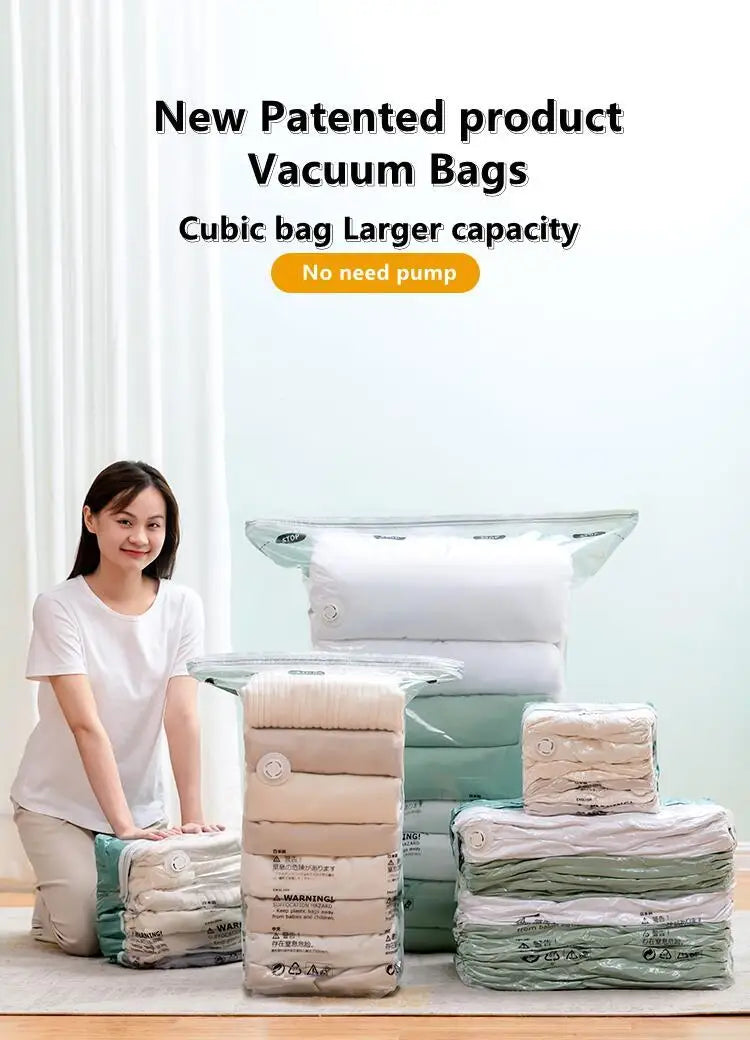 No-Pump Vacuum Storage Bags – Large Plastic Compression Bags for Clothes, Blankets & Travel Accessories
