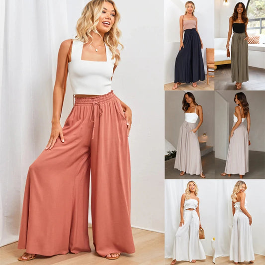 Women’s Summer Wide Leg Pants – Elastic Waist Casual Loose Fit Trousers Breathable Beach Lounge Pants