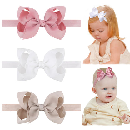 Girls Grosgrain Ribbon Bow Headbands - 3-Piece 4-Inch Cute Elastic Hair Accessories