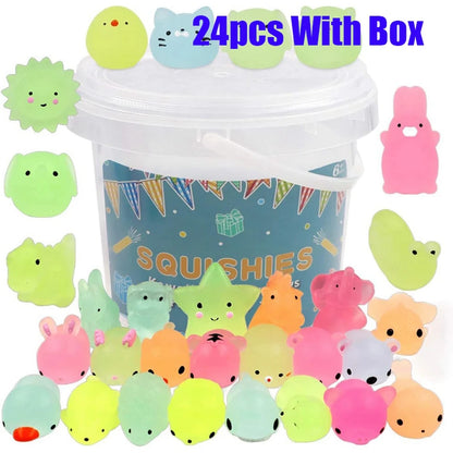12/36PCS Kawaii Animal Squishy Toys – Glow in the Dark Mochi Stress Relief Squishies for Kids Party Favors & Sensory Play