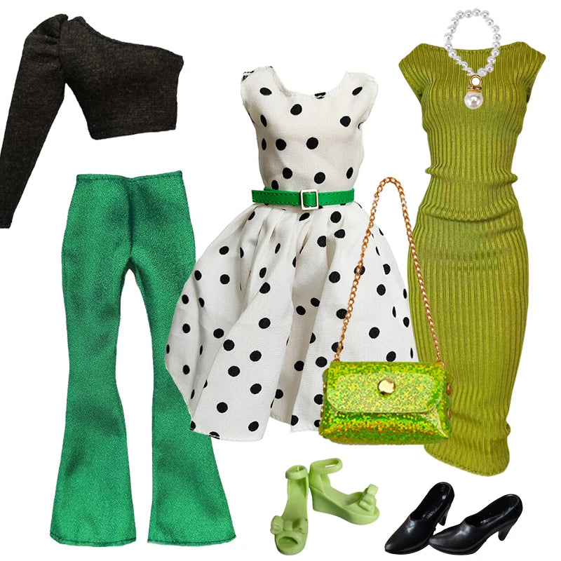 1/6 Doll Clothes Set — Handmade Fashion Outfits with Green Dress, Bag & Shoes for 12-Inch (30cm) Dolls