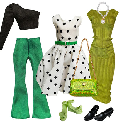 1/6 Doll Clothes Set — Handmade Fashion Outfits with Green Dress, Bag & Shoes for 12-Inch (30cm) Dolls
