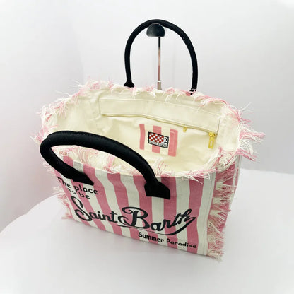 SAINT BARTH Autumn Winter Plush Towel Bag – Women’s Large Capacity Striped Casual Handbag with Tassel