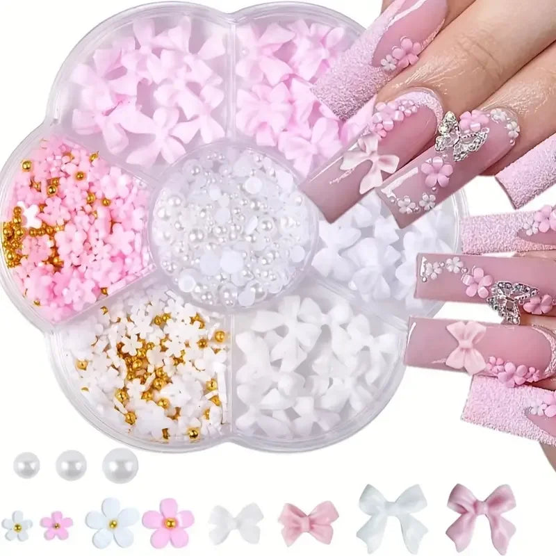 12 Grids Mixed Resin Bowknot Nail Art Decorations – 3D Acrylic Charms & Kawaii Colorful Rhinestone DIY Manicure Parts