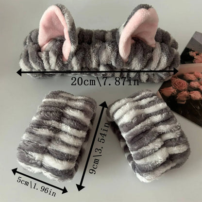 3PCS Cat Ear Plush Headband Set - Soft Face Washing Headband with Wrist Straps for Girls