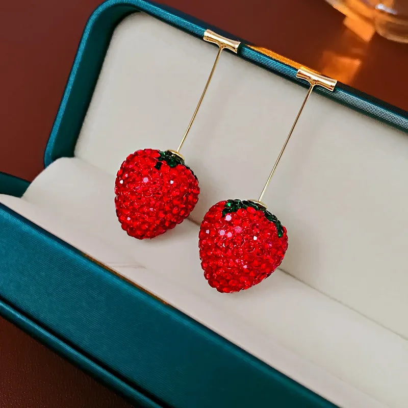 Rhinestone Red Strawberry Stud Earrings for Women - Korean Ins Cute, Fashionable Jewelry with Personality