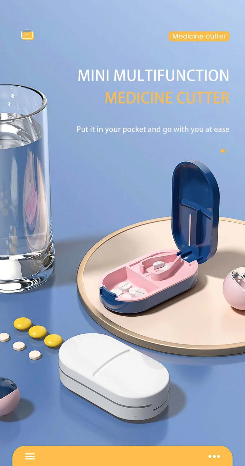 2-in-1 Pill Cutter with Invisible Storage Box – Portable Mini Tablet & Medicine Crusher, Dustproof Divider Organizer