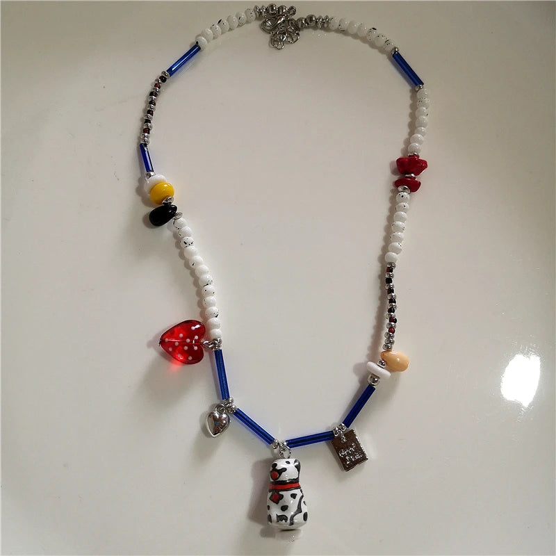 Y2K Strawberry Charm Choker Necklace - Ceramic Dog Pendant Acrylic Beaded Colorful Bow Aesthetic Jewelry for Women