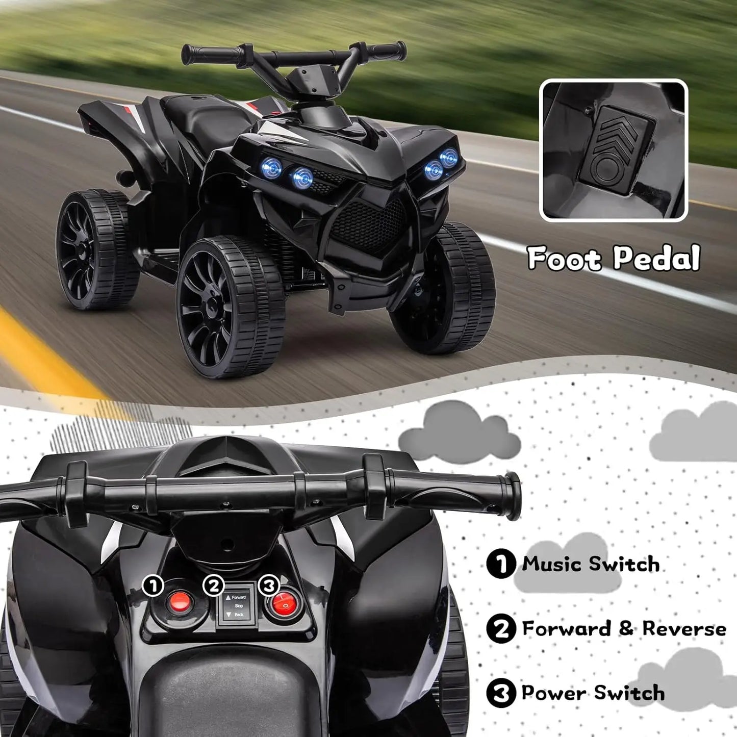 6V Kids Ride-On ATV 4-Wheeler – Electric Quad Car with Music, Foot Pedal, 1.8MPH Max Speed & Durable Wheels