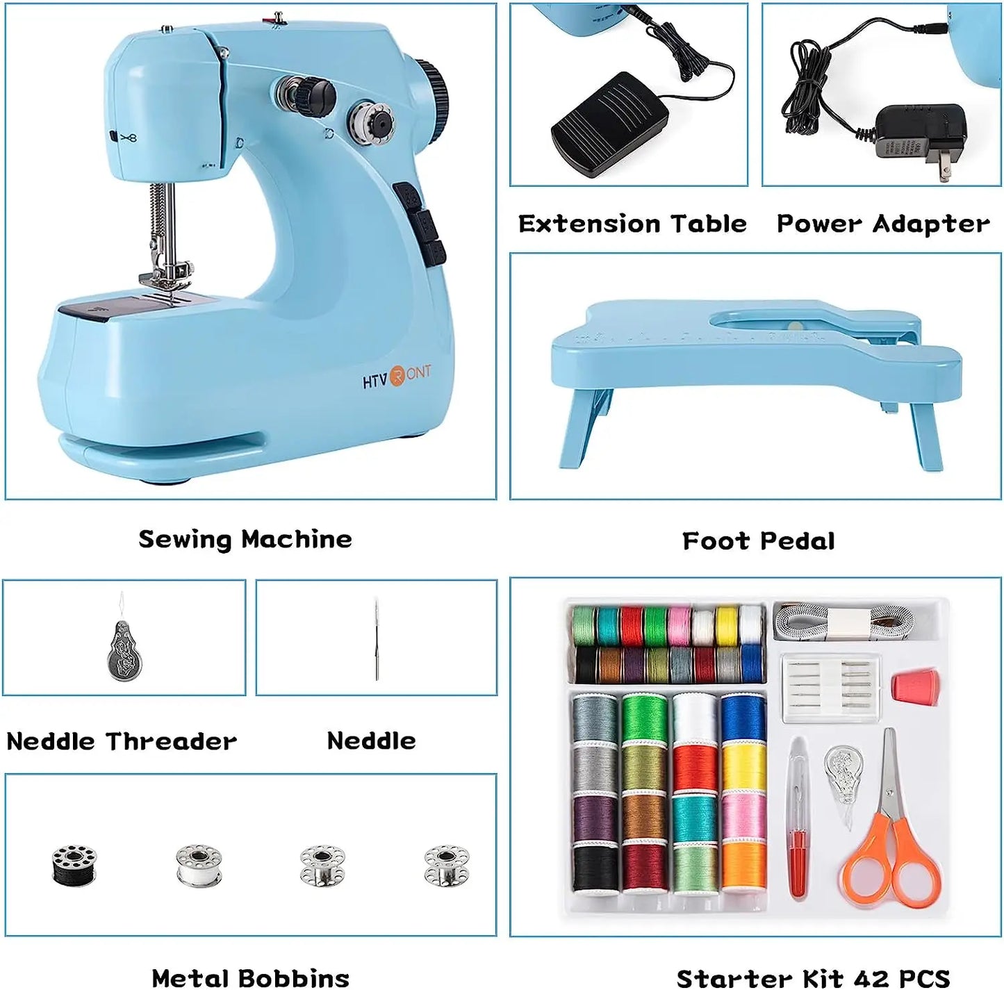 HTVRONT Mini Electric Sewing Machine for Beginners — Portable Household Sewing Kit with 42PCS, Foot Pedal, and Straight Stitch Table Tool