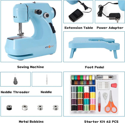 HTVRONT Mini Electric Sewing Machine for Beginners — Portable Household Sewing Kit with 42PCS, Foot Pedal, and Straight Stitch Table Tool