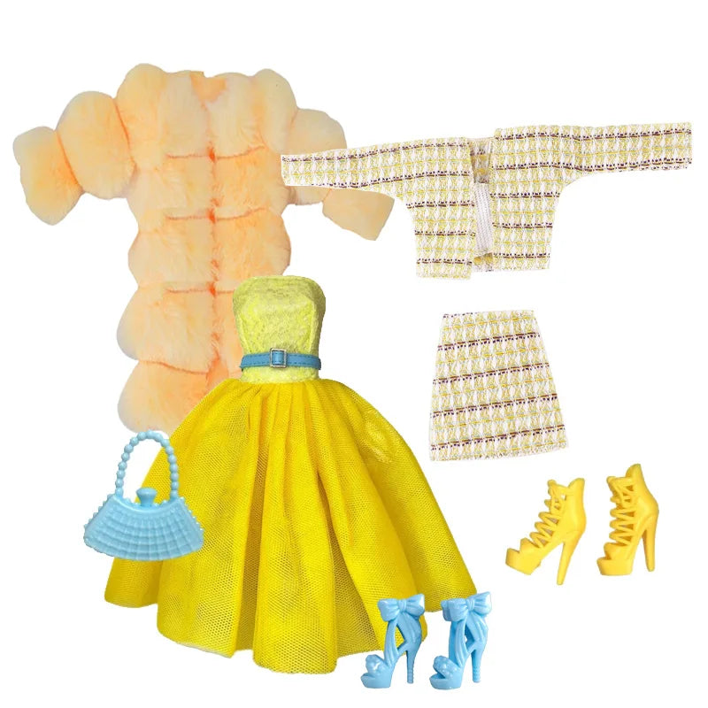 Elegant 1/6 Doll Outfit – Pink Houndstooth Dress, Hat, Gold Belt, Handbag & Shoes Set