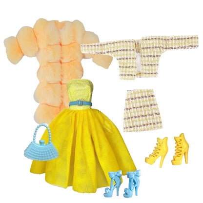 Elegant 1/6 Doll Outfit – Pink Houndstooth Dress, Hat, Gold Belt, Handbag & Shoes Set