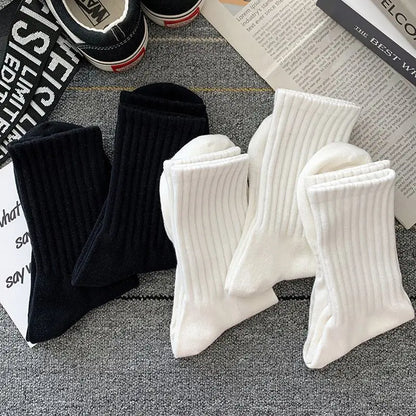 5 Pairs Cool Men's Socks Set – Black & White, Warm Autumn/Winter Sport Short Socks, Solid Color for Men
