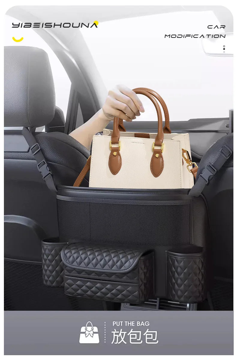Car Seat Middle Hanger Storage Bag – Luxury Auto Handbag Holder, Tissue Pockets, and Seat Organization Bag