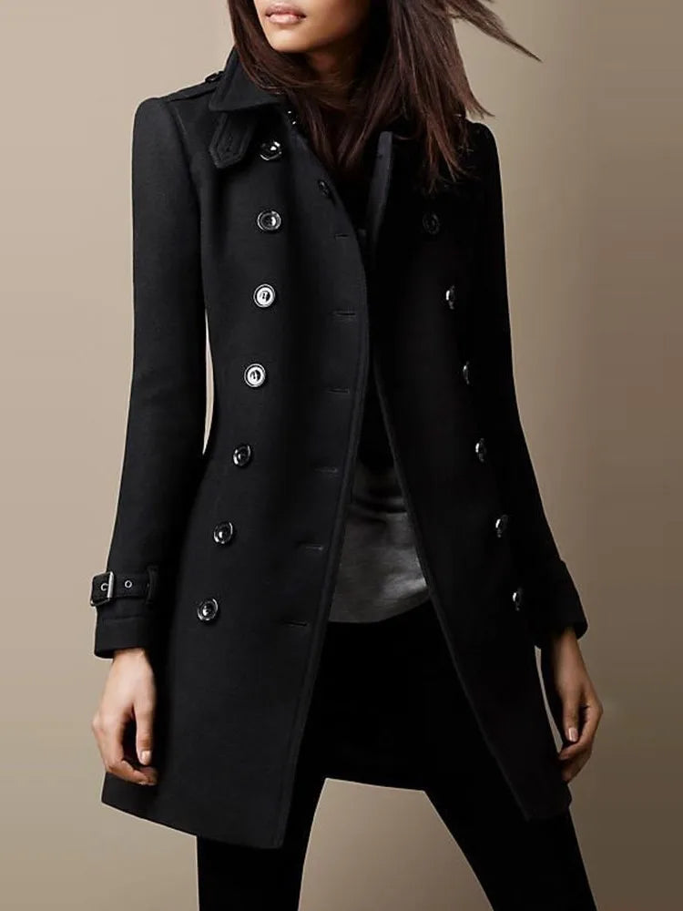 Winter Ladies Woolen Jacket – Double-Breasted Flap Lapel, Slim Fit, Elegant Solid Top Coat, Lined Women’s Outerwear 2024