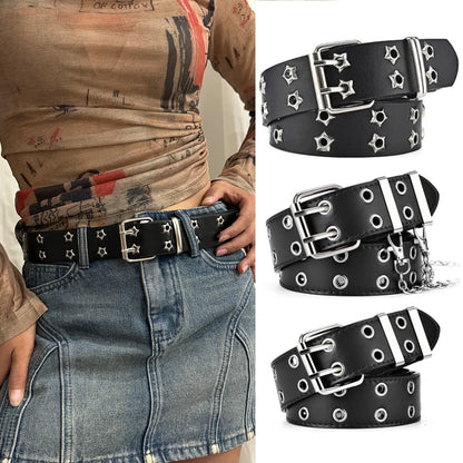Women's Y2K Double-Hole Punk Belt - Adjustable Unisex Hip Hop Rock Style Punch-Free Waist Belt