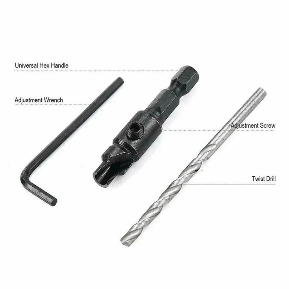 5PCS Woodworking Countersink Drill Bit Set – One-Piece Hex Handle Twist Drill with Chamfering Tool