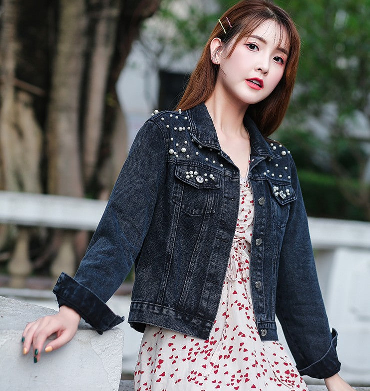 2024 Women's Short Denim Jacket – Beaded Pearl Design, Loose Fit for Spring & Autumn, New Denim Jacket