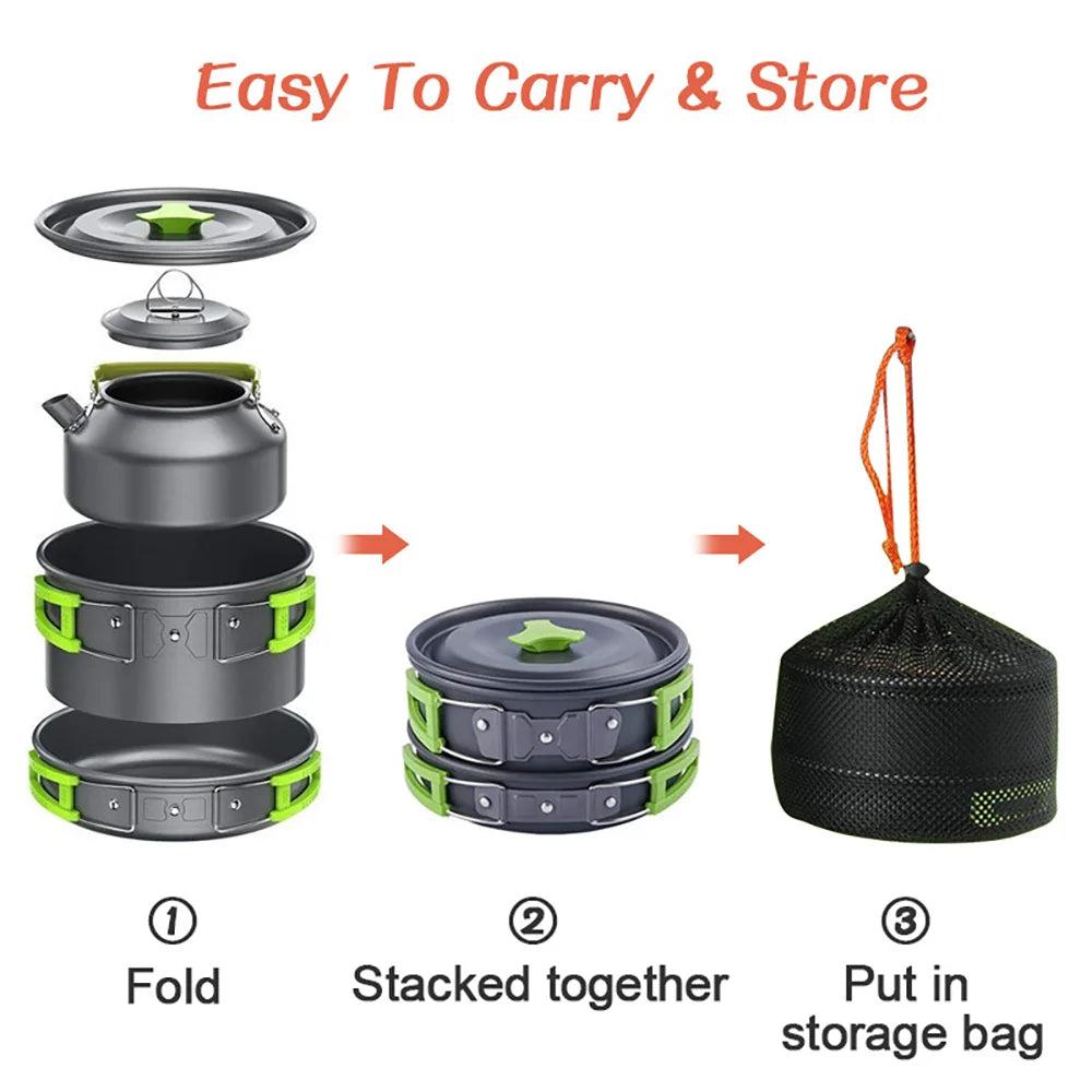 Camping Cookware Set — Non-Stick Cooking Pots, Teapot & Travel Tableware for 2-3 People, Outdoor Picnic Set