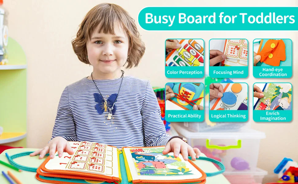 TUNJILOOL Montessori Busy Board – Early Educational Toy for Toddlers, Felt Cloth Story Book, 3D Shape & Color Match