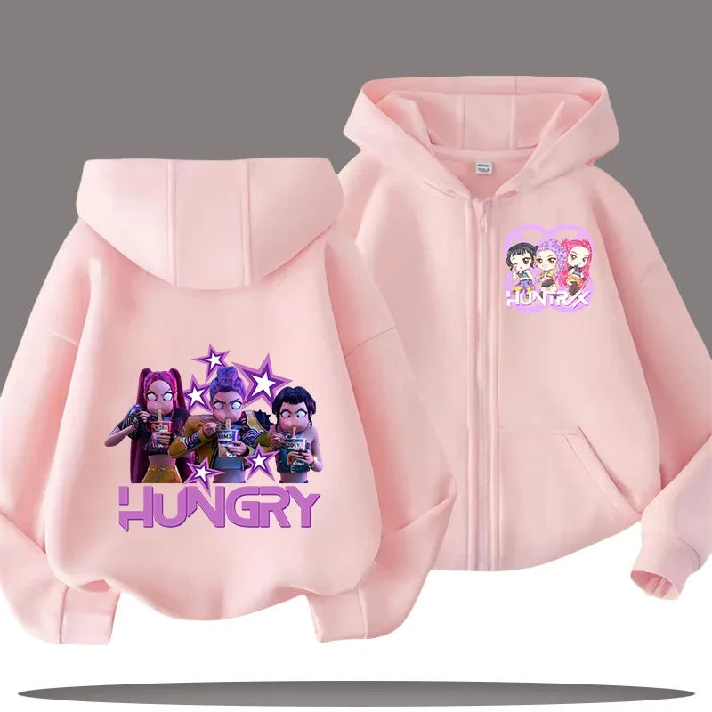 Funny Kpop Demon Hunters Zip-Up Sweatshirt – Kids Hoodie for Girls & Boys, Casual Zipper Hoody Top
