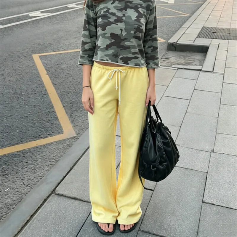 Y2K Low-Rise Flare Sweatpants - Women's Drawstring Wide-Leg Bootcut Casual Streetwear Trousers