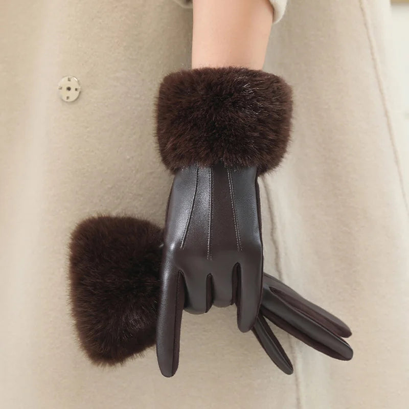 Women’s Winter Faux Fur Gloves - Warm PU Leather Gloves with Thermal Lining and Windproof Cuffs