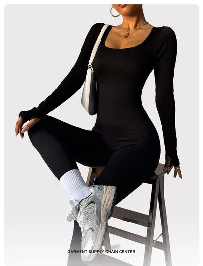 Women’s One-Piece Yoga Jumpsuit – Black Long-Sleeve Bodysuit, Sexy Streetwear & Casual Sportswear