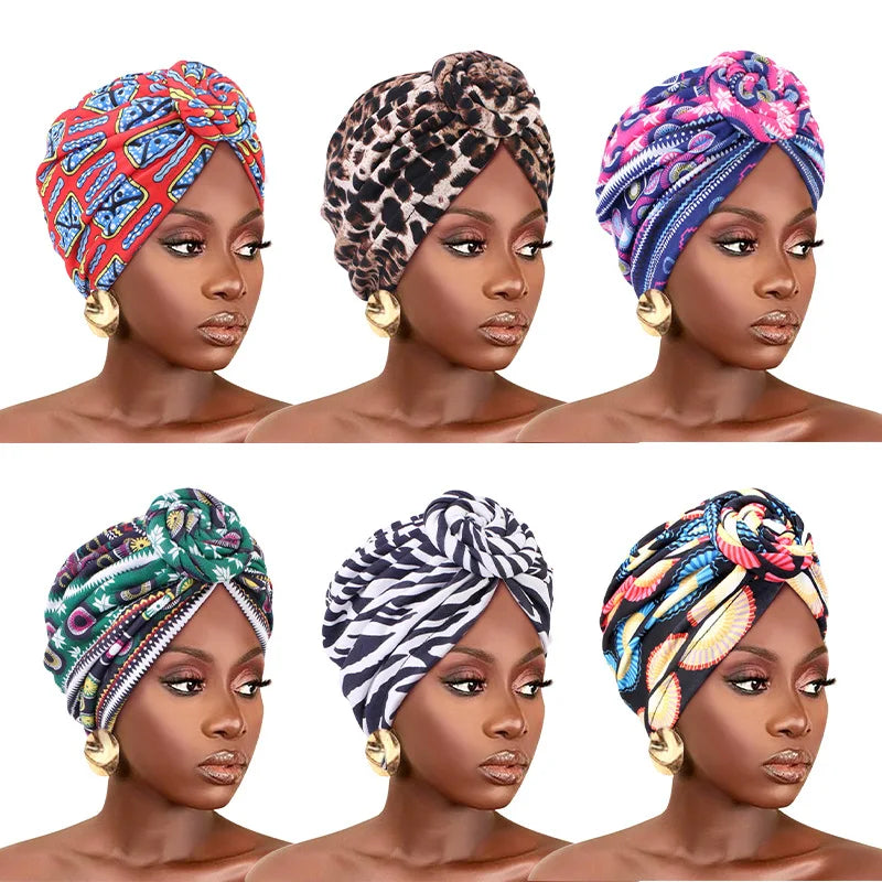 African Floral Pleated Turban - Elegant Knot Flower Beanie Head Wrap for Women, Bandana & Head Cover