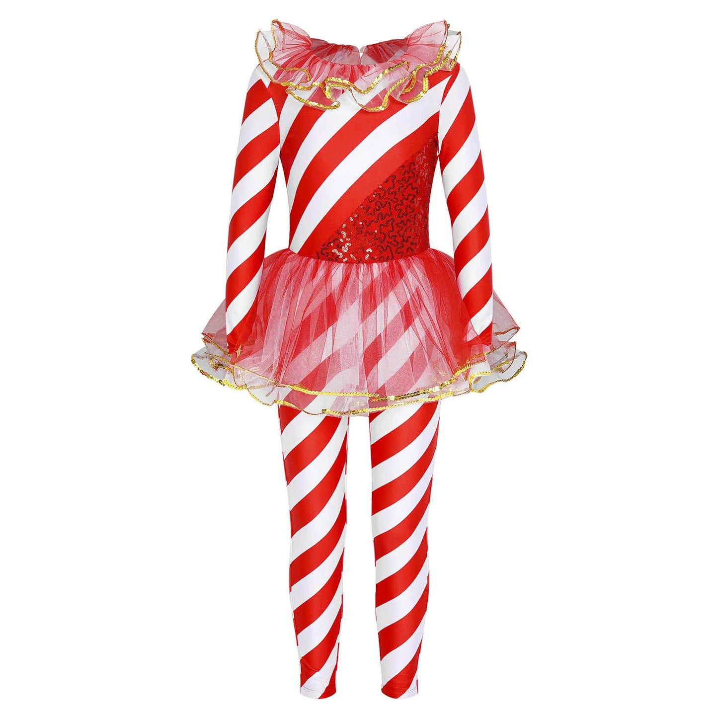 Kids Candy Cane Striped Christmas Tutu Leotard — Sequined Santa Bodysuit for Ballet & Gymnastics