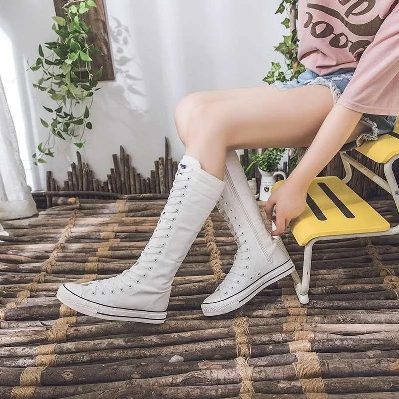 Women's High-Top Canvas Boots - Korean-Style Lace-Up Zipper Shoes with Comfortable Fit