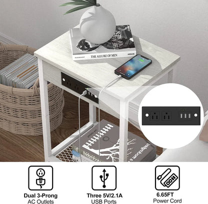 Set of 2 Nightstands with Charging Station - Bedside Tables with USB Ports and Outlets, 2-Tier End Table with Storage Shelf