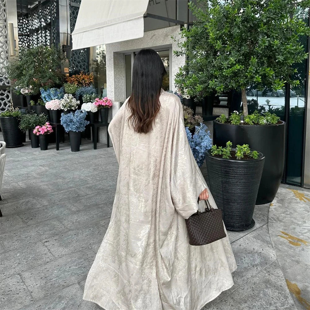 Women’s Shiny Satin Open Kimono Abaya – Luxury Dubai Ramadan Muslim Kaftan Dress