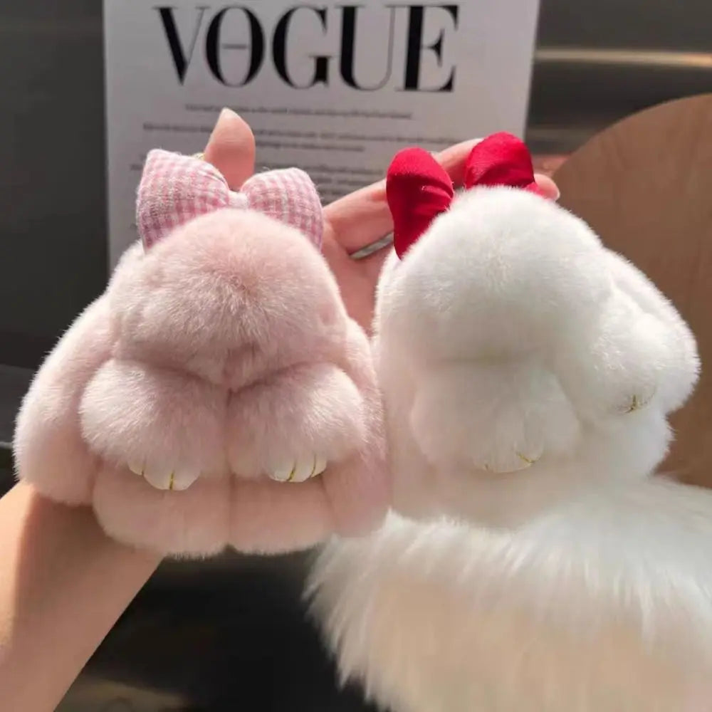 Cute Fluffy Bunny Fur Keychain – Plush Pom Pom Bag Charm and Car Key Ring with Hair Bow