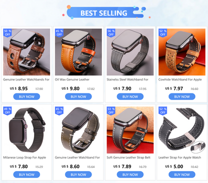 Genuine Leather Apple Watch Strap – Compatible with Series 7, 6, 5, 4, SE (40mm–49mm) for Men & Women