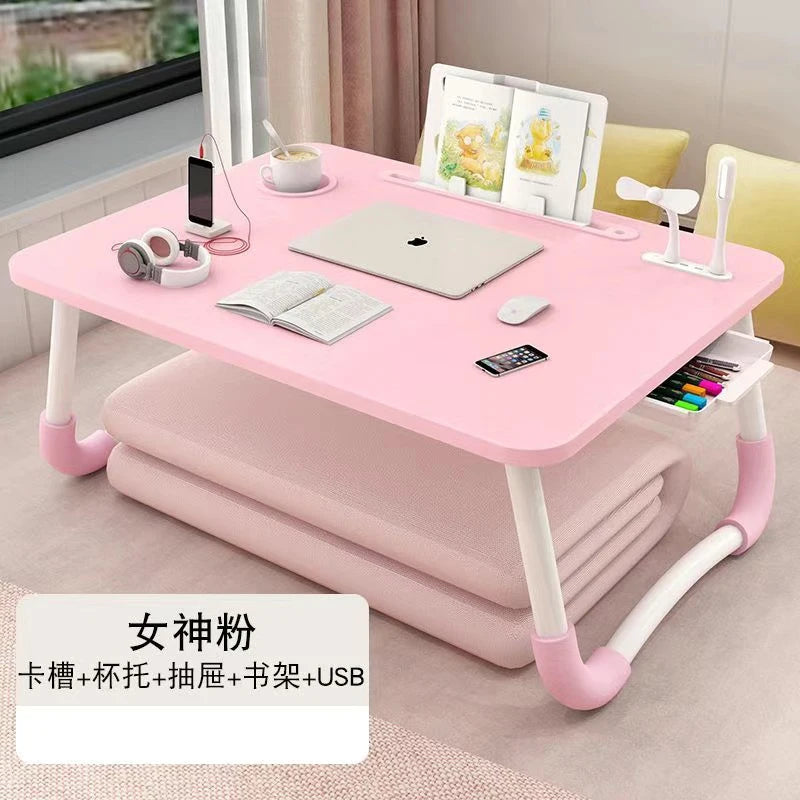 Foldable Laptop Desk for Bed & Sofa – Portable Lap Table with Cup, Book Holder, Drawer, and USB Slot