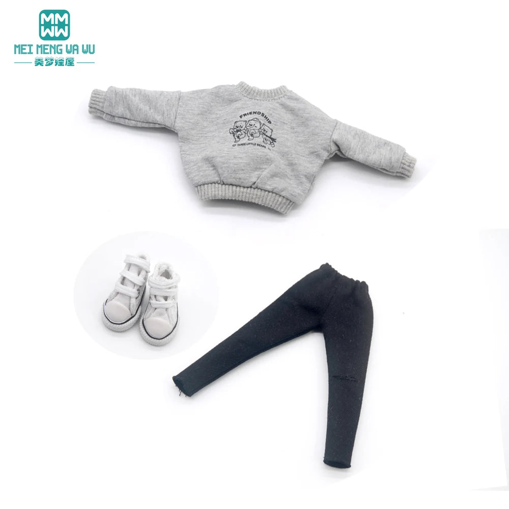 Blythe Doll Clothes – Fashion Tops, Black & White Shirts with Jeans & Plaid Pants for Azone OB22/OB24 Dolls