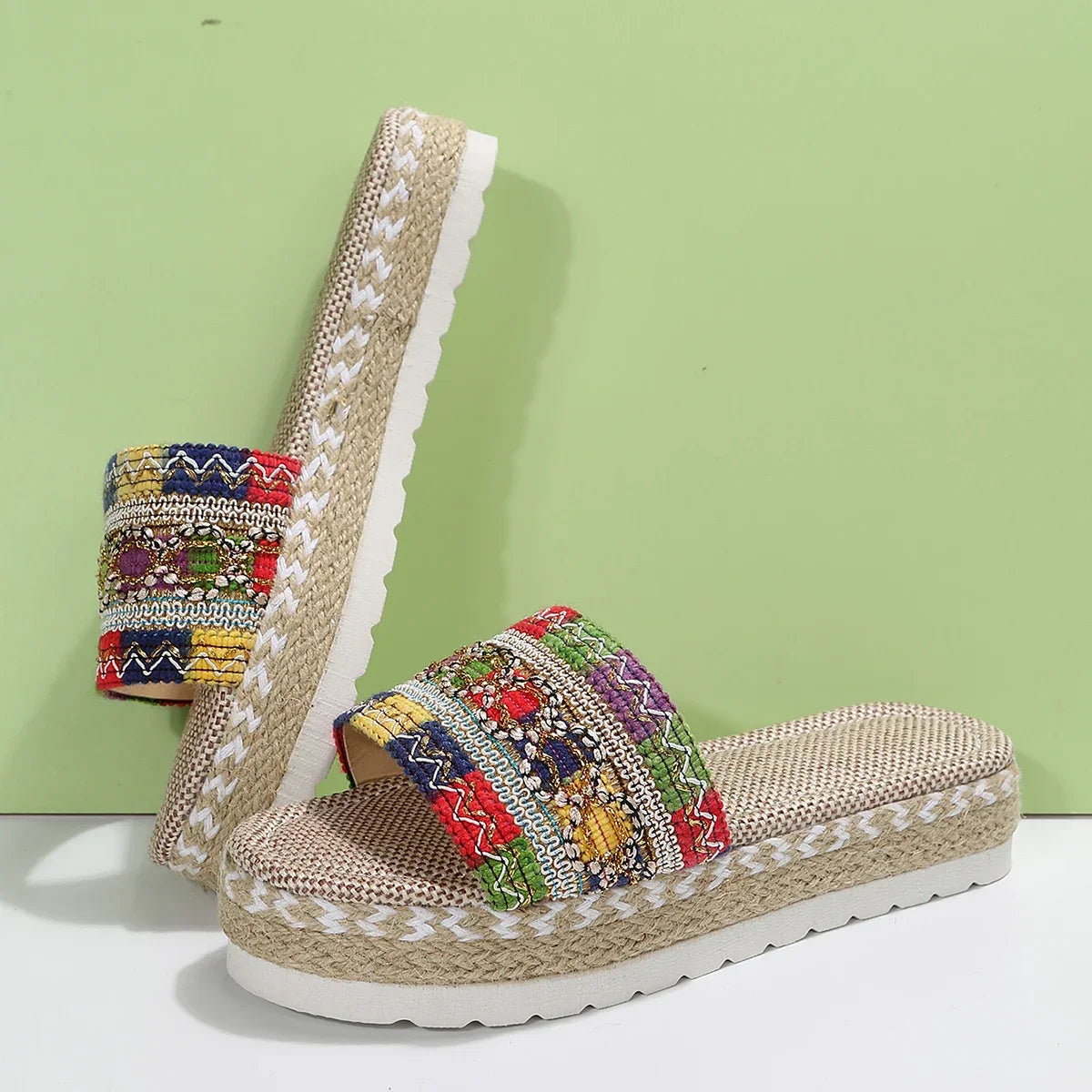 Bohemian Weave Women's Platform Slippers – Handmade Espadrille Sandals, Summer 2023 Beach & Casual Heels