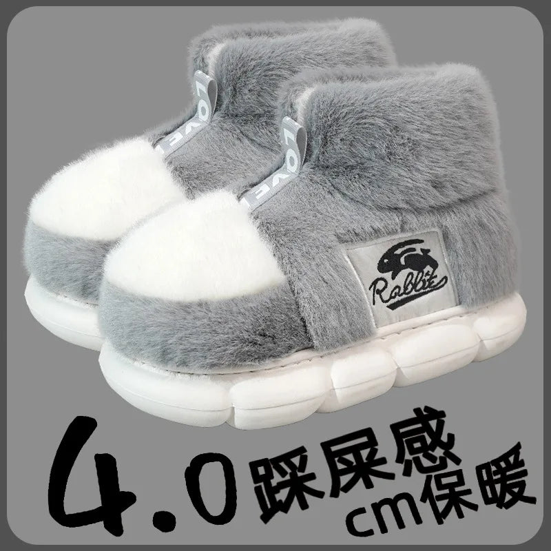 2025 Winter Warm Plush Slippers – High-Top Platform Indoor Snow Boots for Women & Men, Cozy Home Shoes with Soft Lining