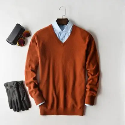 Men’s Classic V-Neck Pullover Sweater – 2024 Autumn Winter Cashmere-Cotton Blend Warm Jumper