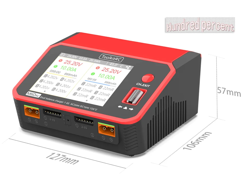 ToolkitRC M6DAC Dual Channel Smart LiPo Battery Charger – 200W AC, 350W DC x2, 15A for 1-6S LiHV PD 65W Discharger