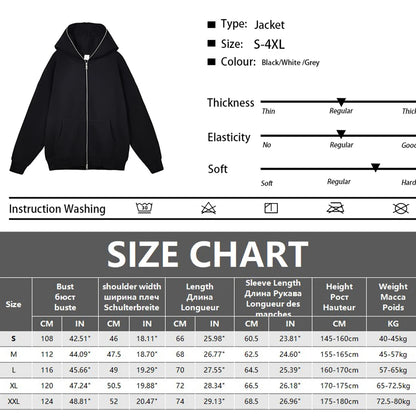 Men’s Harajuku Zip-Up Hoodie Jacket – Retro Black Oversized Long Sleeve Sweatshirt Coat