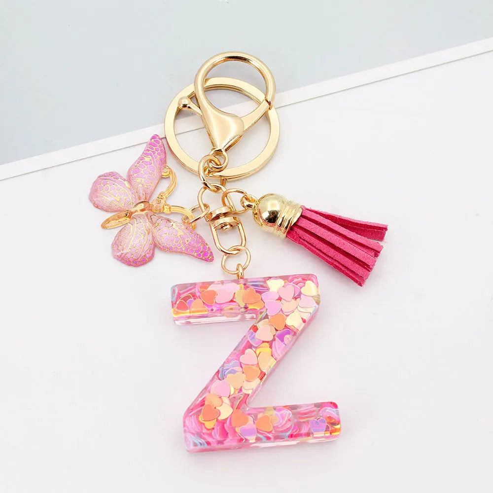 A-Z Letter Acrylic Keychain - Pink Butterfly Tassel Bag Charm & Key Ring