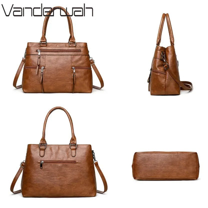 Women’s Leather Handbag - Elegant Top-Handle Shoulder & Crossbody Tote Bag
