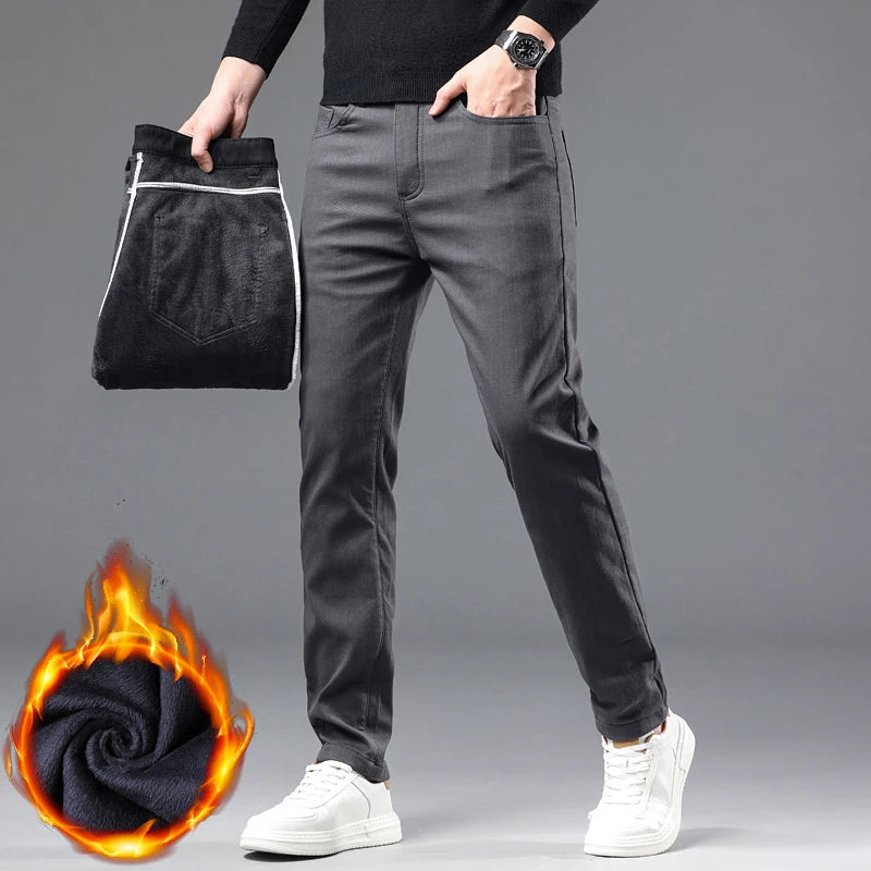 Winter 2025 Men’s Fleece Pants – Thick Slim Fit Velvet Trousers, Warm Elastic Business Casual Plush Pants