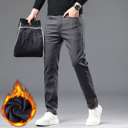 Winter 2025 Men’s Fleece Pants – Thick Slim Fit Velvet Trousers, Warm Elastic Business Casual Plush Pants